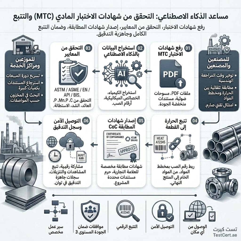 لوحة تحكم TestCert تعرض التحقق المدعوم بالذكاء الاصطناعي من MTC مع فحوصات معايير ASTM/EN وإنشاء شهادات المطابقة