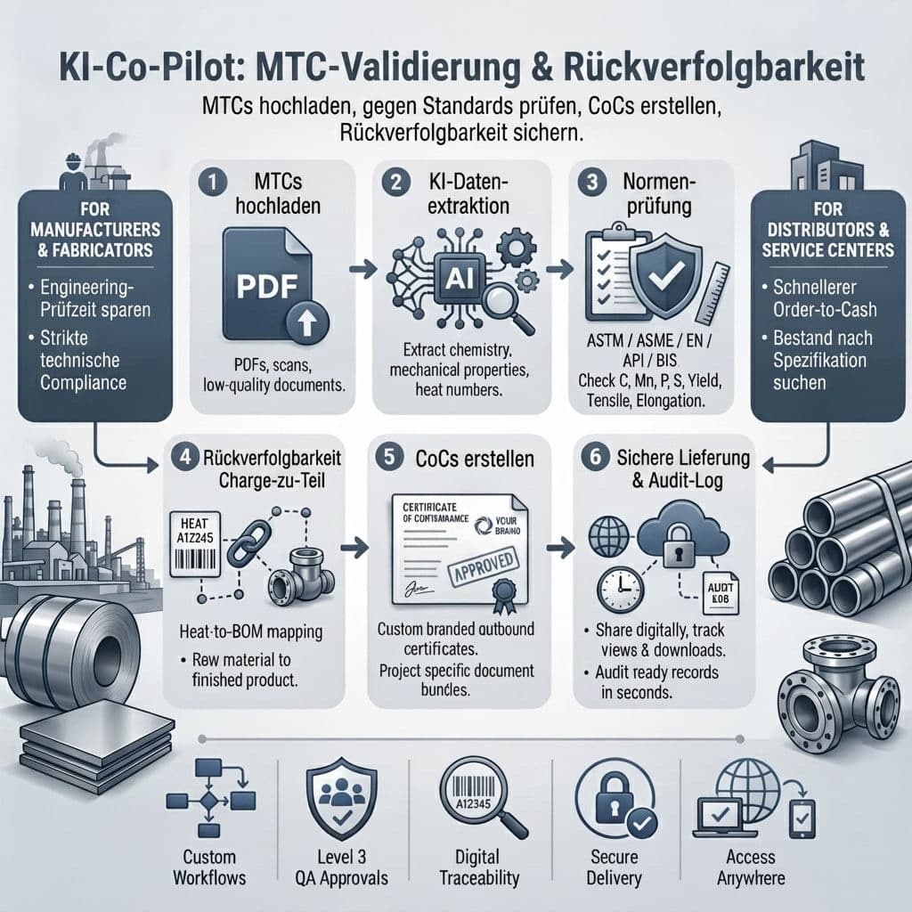 TestCert-Dashboard mit KI-gestützter MTC-Validierung, ASTM/EN-Normprüfungen und Generierung von Konformitätszertifikaten