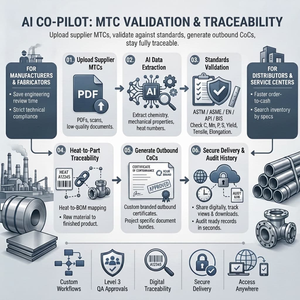TestCert dashboard showing AI-powered MTC validation with ASTM/EN standard checks and certificate of conformance generation