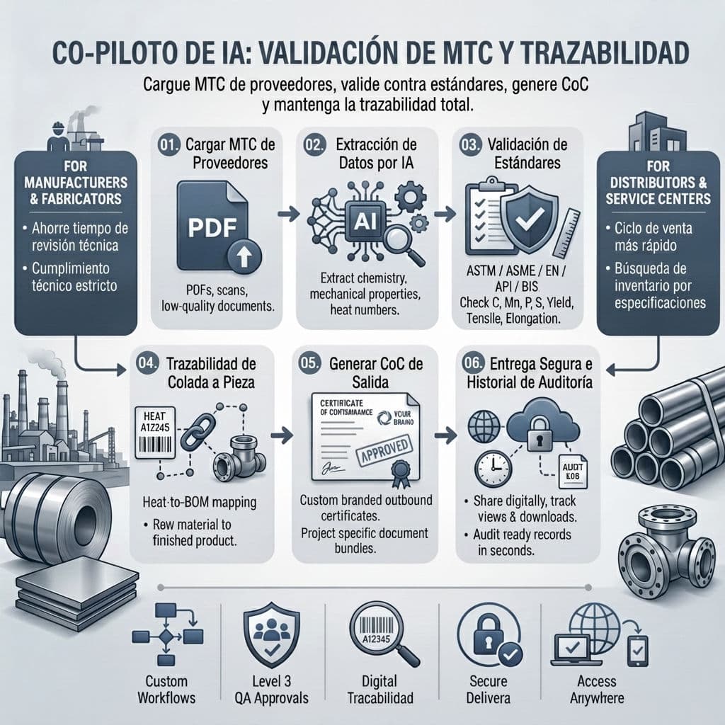 Panel de TestCert mostrando validación de MTC con inteligencia artificial, verificación de normas ASTM/EN y generación de certificados de conformidad