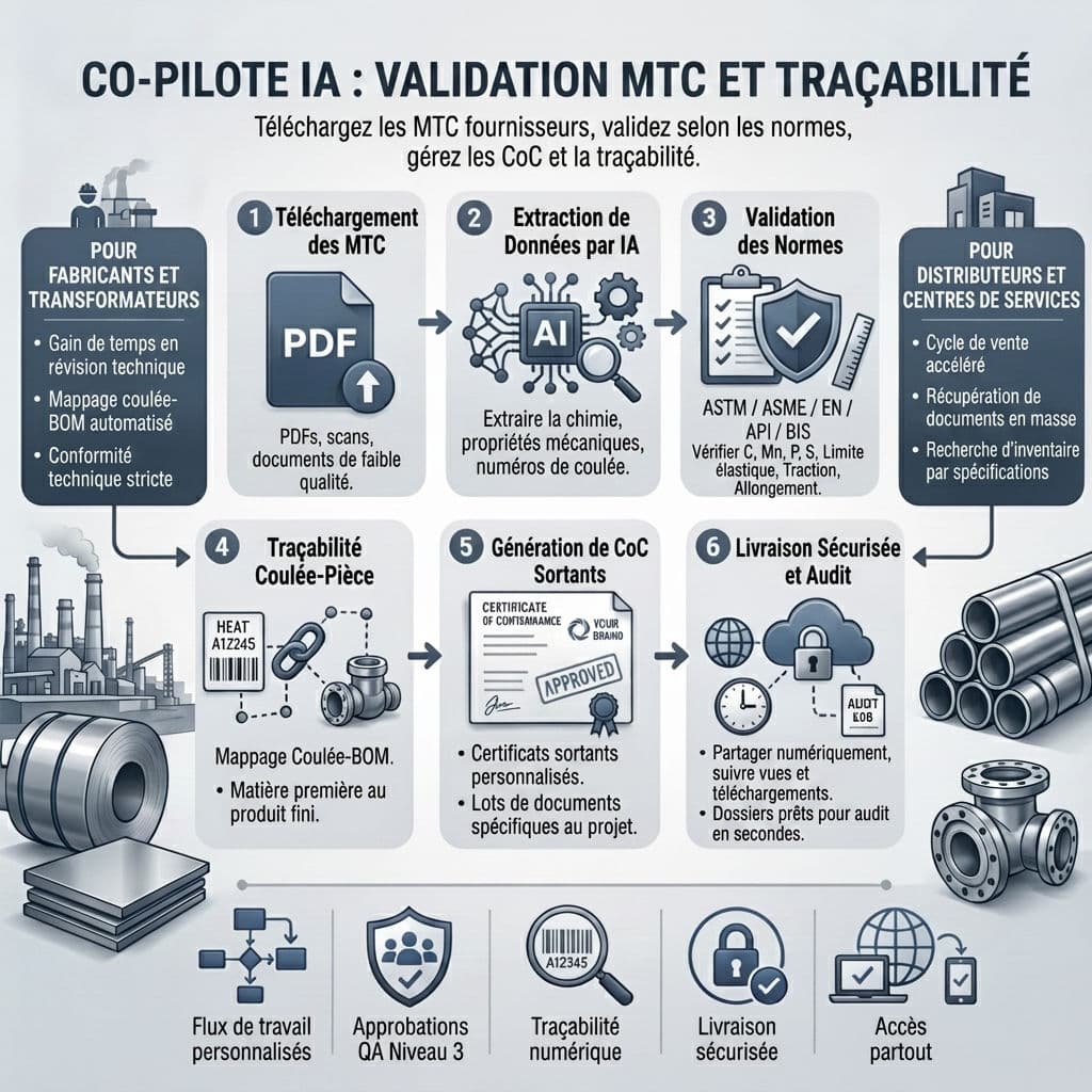 Tableau de bord TestCert affichant la validation MTC assistée par IA avec les contrôles de normes ASTM/EN et la génération de certificats de conformité