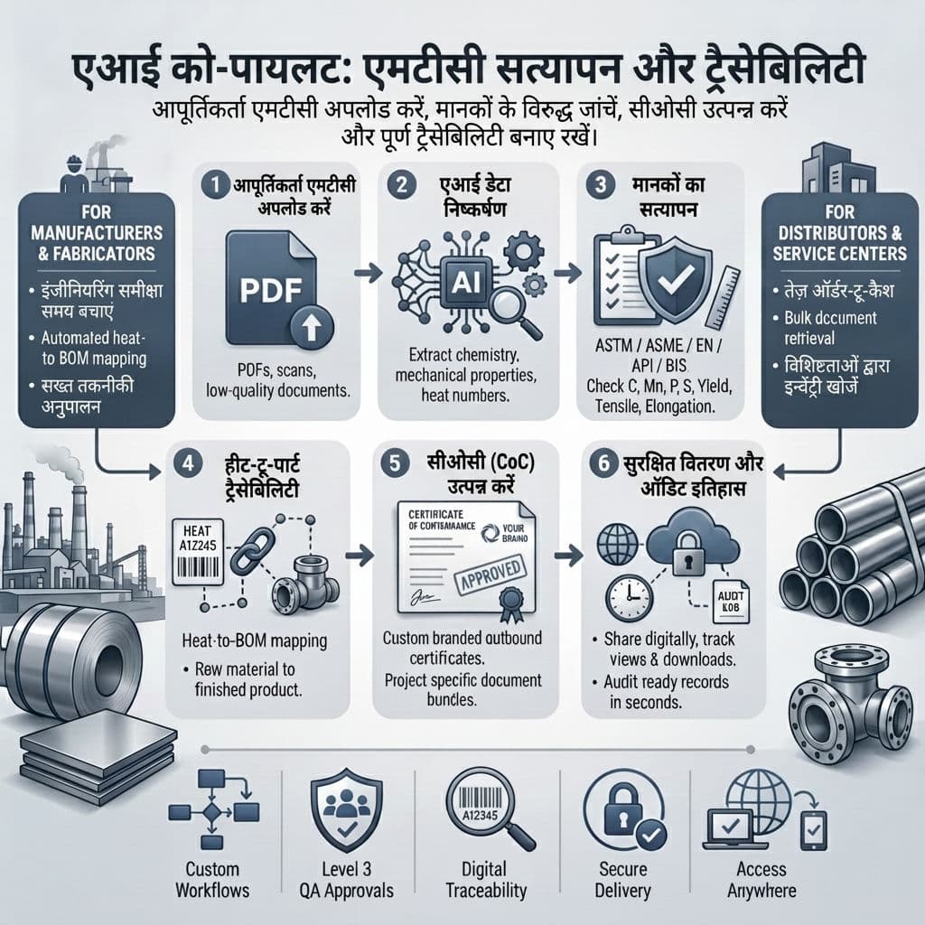 TestCert डैशबोर्ड जिसमें ASTM/EN मानक जांच और कंफर्मेंस सर्टिफिकेट जनरेशन के साथ AI-संचालित MTC वैलिडेशन दिखाया गया है