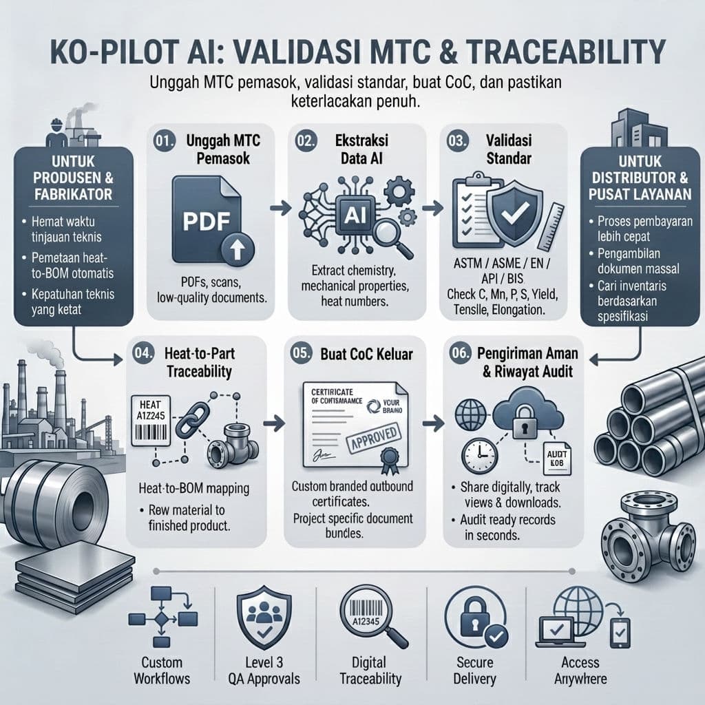 Dasbor TestCert menampilkan validasi MTC bertenaga AI dengan pemeriksaan standar ASTM/EN dan pembuatan sertifikat kesesuaian