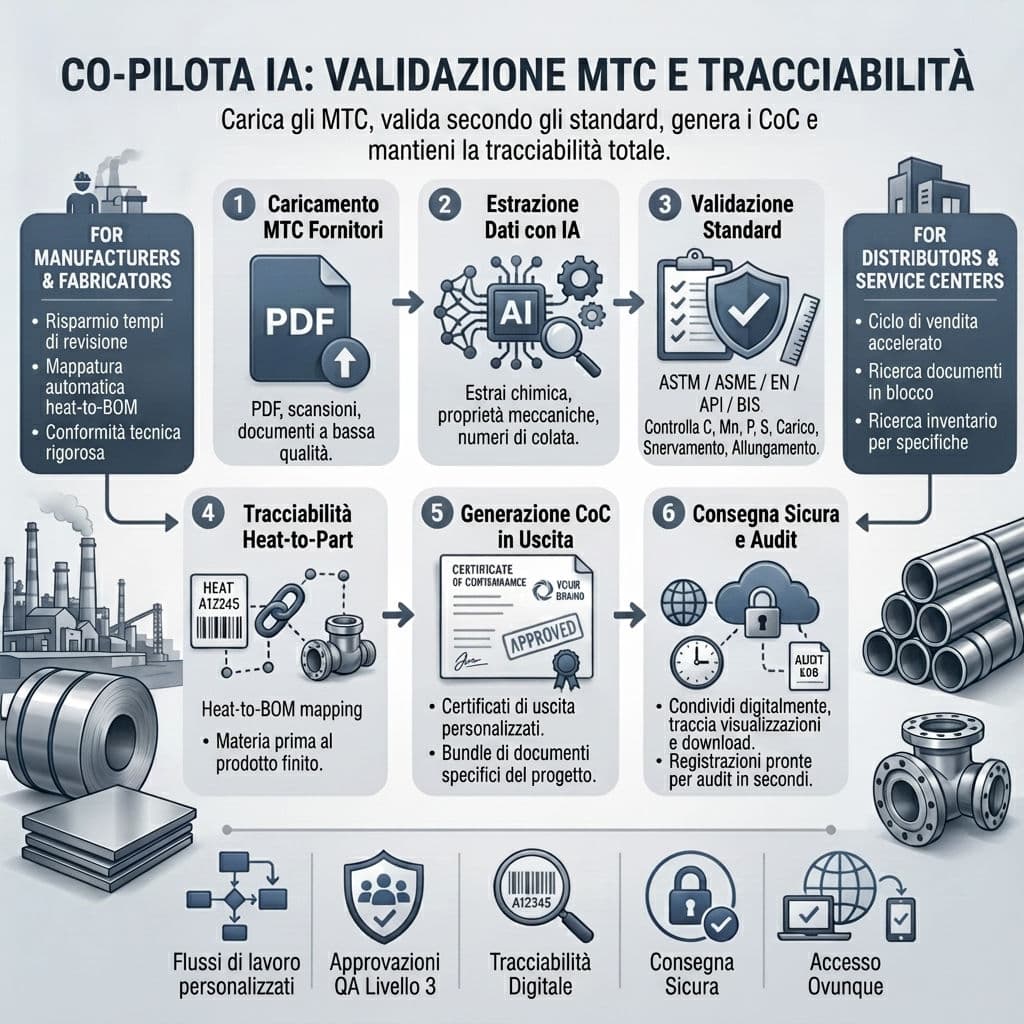 Dashboard TestCert con validazione MTC basata su AI, controlli standard ASTM/EN e generazione di certificati di conformità