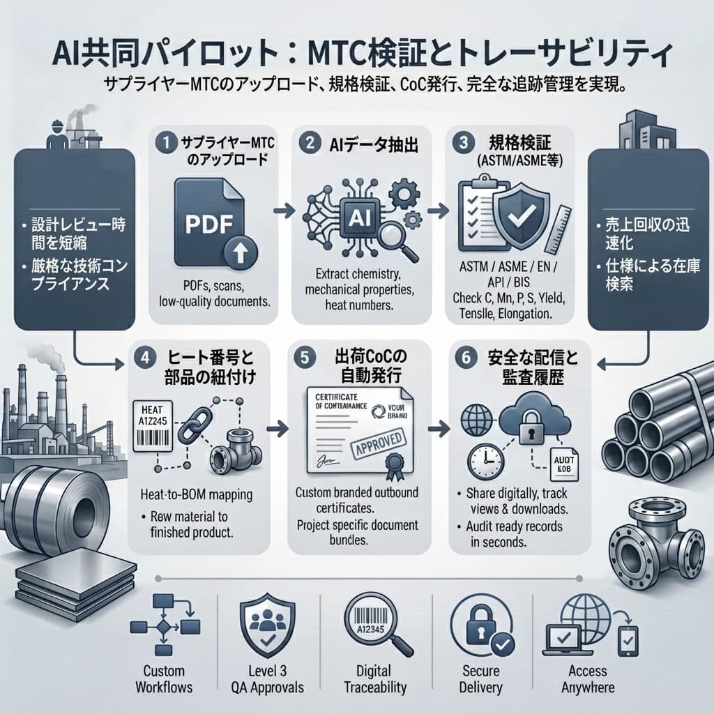 TestCert ダッシュボード — ASTM / EN 規格チェックと適合証明書発行機能を備えた AI 駆動の MTC 検証画面