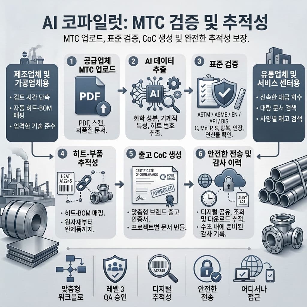 ASTM/EN 규격 검사 및 적합성 인증서 발행 기능이 포함된 AI 기반 MTC 검증을 보여주는 TestCert 대시보드