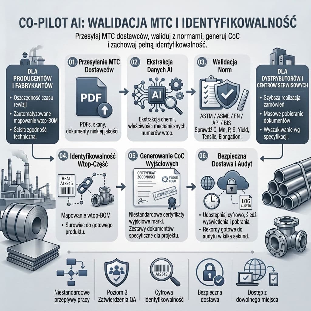 Panel TestCert przedstawiający walidację MTC wspomaganą przez AI ze sprawdzaniem norm ASTM/EN oraz generowaniem certyfikatów zgodności