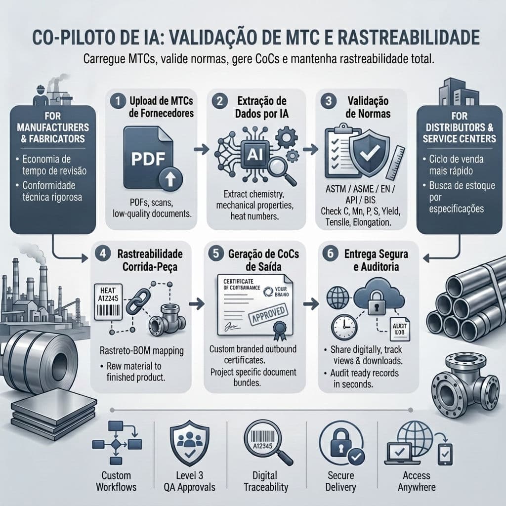 Painel TestCert exibindo validação de MTC com IA, verificações de normas ASTM/EN e geração de certificado de conformidade