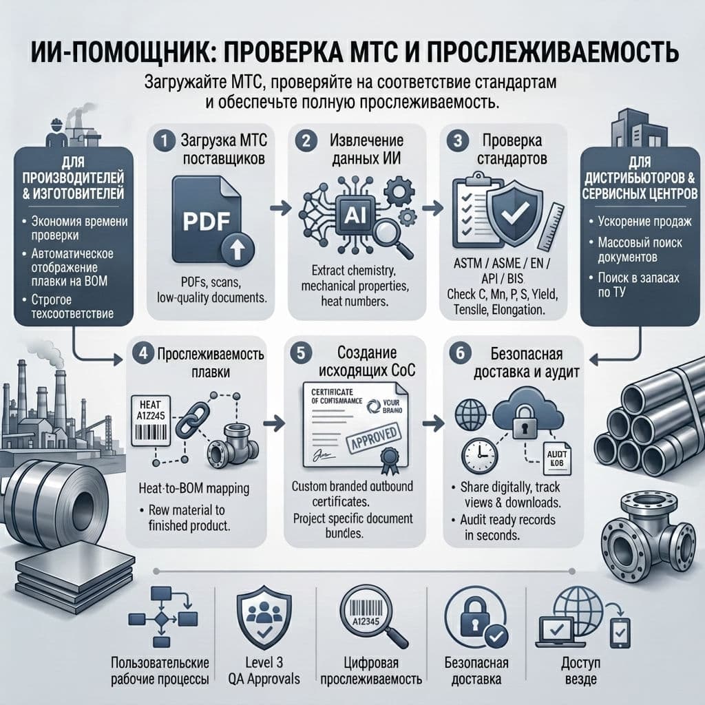 Панель управления TestCert с AI-валидацией MTC по стандартам ASTM/EN и формированием сертификатов соответствия