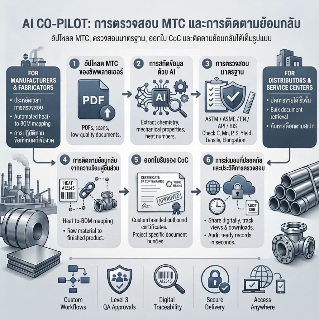 แดชบอร์ด TestCert แสดงการตรวจสอบ MTC ด้วย AI พร้อมการตรวจสอบมาตรฐาน ASTM/EN และการสร้างใบรับรองความสอดคล้อง