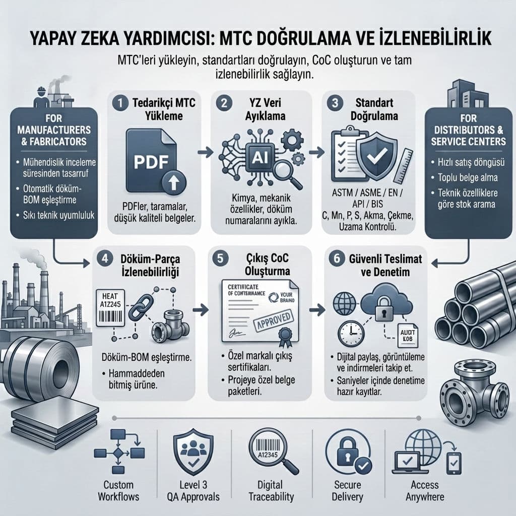 TestCert kontrol paneli — ASTM/EN standart kontrolleri ve uygunluk sertifikası oluşturma ile AI destekli MTC doğrulaması