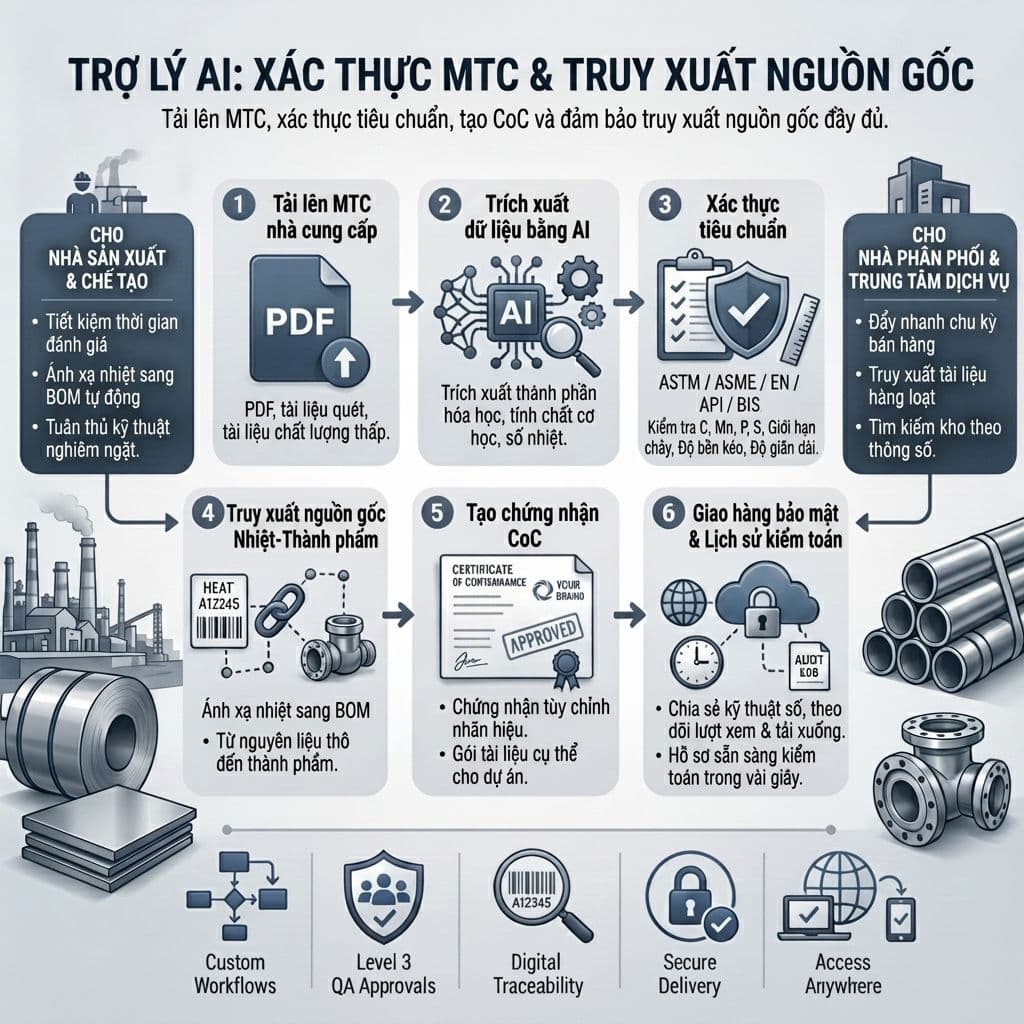 Bảng điều khiển TestCert hiển thị xác thực MTC bằng AI với kiểm tra tiêu chuẩn ASTM/EN và tạo chứng nhận phù hợp