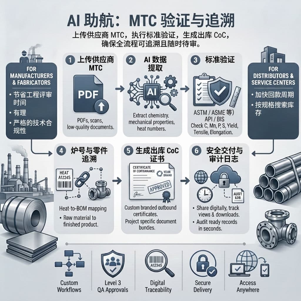 TestCert控制台展示AI驱动的MTC验证,包含ASTM/EN标准检查及符合性证书生成功能