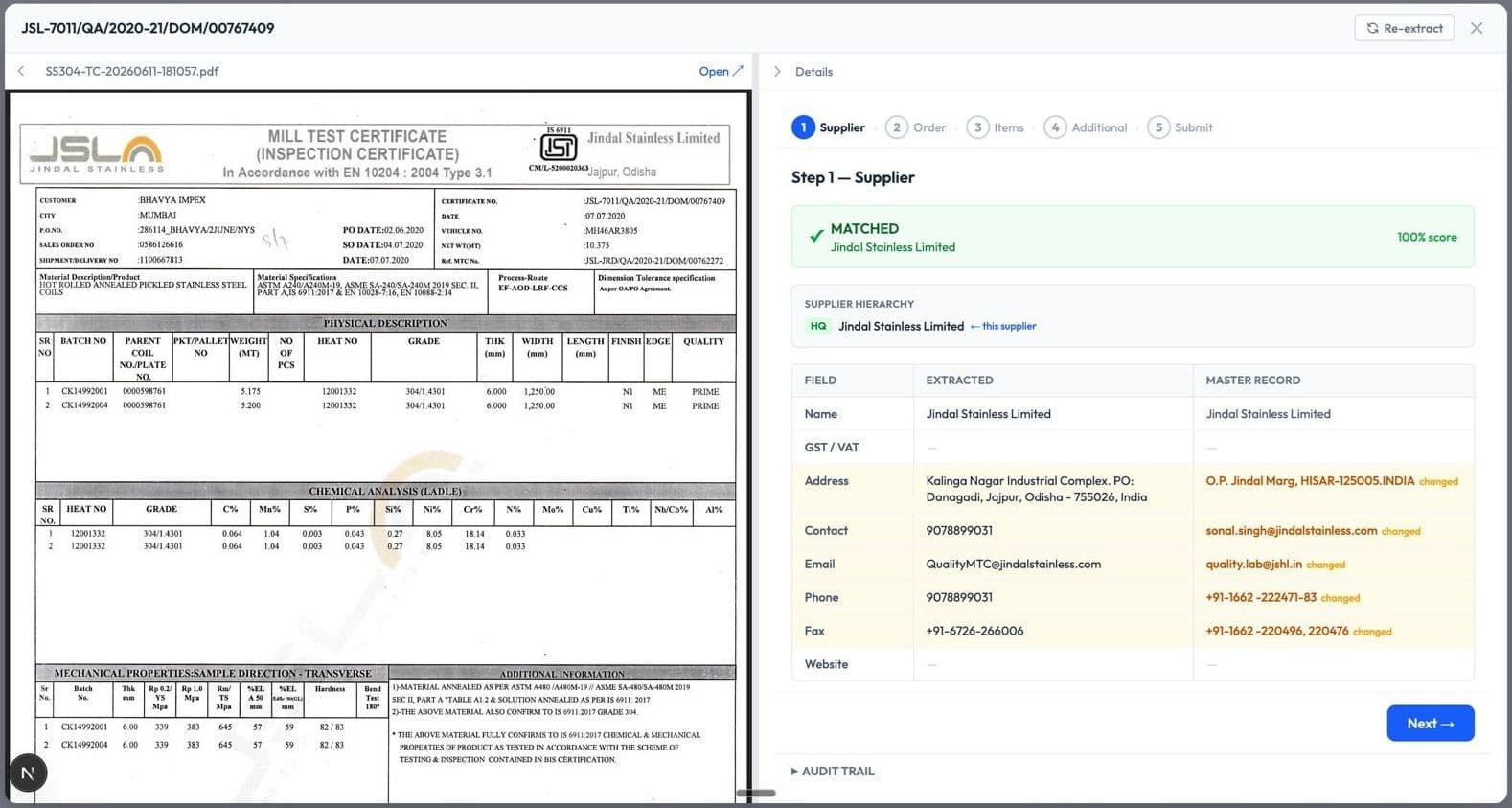 استيعاب MTC في TestCert — شهادة اختبار مصنع JSL Stainless مع استخراج بالذكاء الاصطناعي ومطابقة الموردين